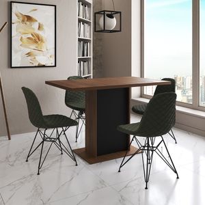 Mesa Jantar Londres Tampo Amêndoa 120Cm Base Preta 4 Cadeiras Ferro Preto Estofado Verde