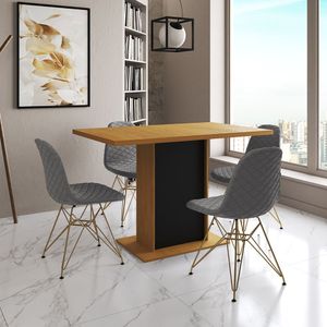 Mesa Jantar Londres Tampo Canela 120Cm Base Preta 4 Cadeiras Base Dourado Estofado Grafite