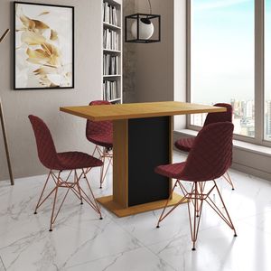 Mesa Jantar Londres Tampo Canela 120Cm Base Preta 4 Cadeiras Base Cobre Estofado Vermelho