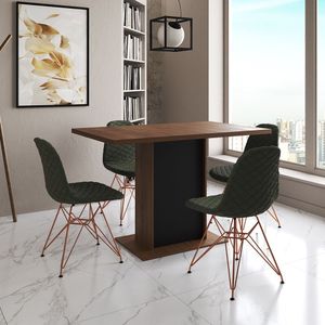 Mesa Jantar Londres Tampo Amêndoa 120Cm Base Preta 4 Cadeiras Base Cobre Estofado Verde