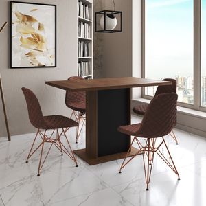 Mesa Jantar Londres Tampo Amêndoa 120Cm Base Preta 4 Cadeiras Base Cobre Estofado Caramelo
