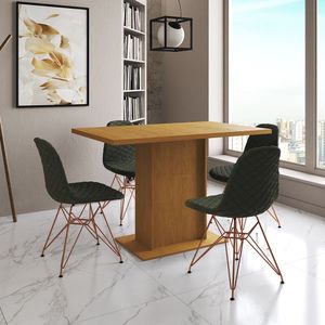 Mesa Jantar Londres Tampo Canela 120Cm 4 Cadeiras Base Cobre Estofado Verde