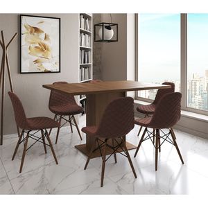 Mesa Jantar Londres Retangular Amêndoa 137X90Cm 6 Cadeiras Estofadas Caramelo Madeira