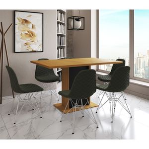 Mesa Jantar Londres Retangular Canela 137X90 Base Preta 6 Cadeiras Estofadas Verde Ferro Branco