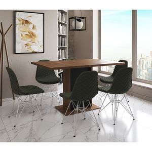 Mesa Jantar Londres Retangular Amêndoa 137X90 Base Preta 6 Cadeiras Estofadas Verde Ferro Branco