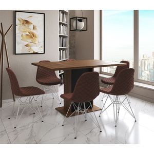Mesa Jantar Londres Retangular Amêndoa 137X90 Base Preta 6 Cadeiras Estofadas Caramelo Ferro Branco