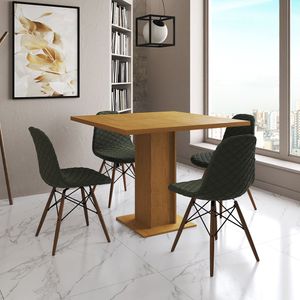 Mesa Jantar Londres Quadrada Canela 90Cm 4 Cadeiras Eames Estofadas Verde Madeira