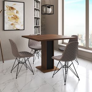 Mesa Jantar Londres Quadrada Amêndoa 90Cm Base Preta 4 Cadeiras Eames Estofadas Nude Médio Ferro Pre