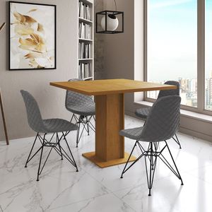 Mesa Jantar Londres Quadrada Canela 90Cm 4 Cadeiras Eames Estofadas Grafite Ferro Preto