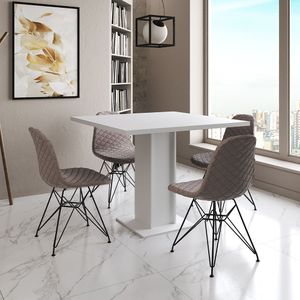 Mesa Jantar Londres Quadrada Branca 90Cm 4 Cadeiras Estofadas Nude Médio Eames Ferro Preto