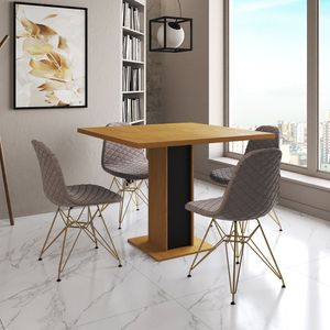 Mesa Jantar Londres Quadrada Canela 90Cm Base Preta 4 Cadeiras Eames Estofadas Nude Médio Base Doura