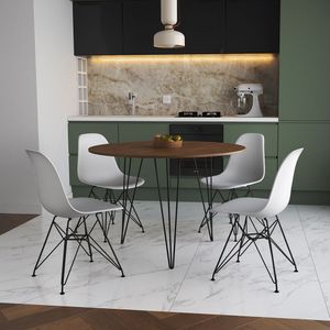 Mesa De Jantar Redonda 90Cm Amêndoa Clips 3 Pés Com 4 Cadeiras Eames Eiffel Brancas Ferro Preto