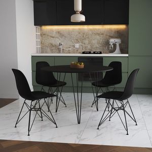 Mesa De Jantar Redonda 90Cm Preta Clips 3 Pés Com 4 Cadeiras Eames Eiffel Pretas Ferro Preto