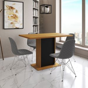 Mesa Jantar Londres Tampo Canela 120Cm Base Preta 4 Cadeiras Ferro Branco Estofado Grafite