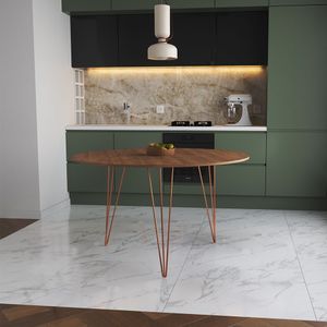 Mesa De Jantar Redonda 110Cm Amêndoa Clips 3 Pés Base Cobre