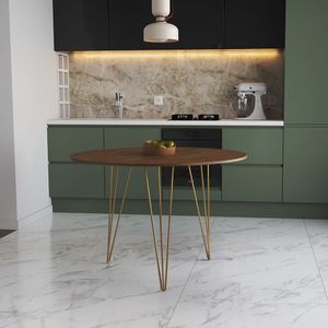 Mesa De Jantar Redonda 90Cm Amêndoa Clips 3 Pés Base Dourada