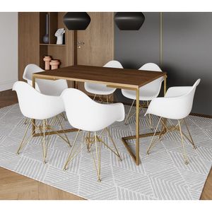 Mesa Jantar Industrial Amêndoa 137X90Cm Base V Com 6 Poltronas Daw Brancas Base Dourada Marrom