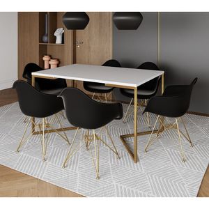 Mesa Jantar Industrial Branca 137X90Cm Base V Com 6 Poltronas Daw Pretas Base Dourada Branco