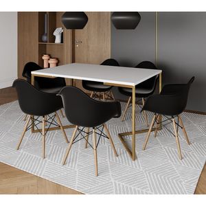 Mesa Jantar Industrial Branca 137X90Cm Base V Dourada Com 6 Poltronas Daw Madeira Preta Branco