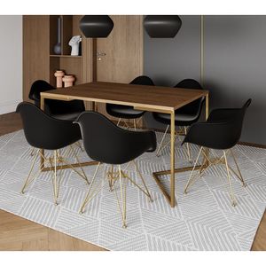 Mesa Jantar Industrial Amêndoa 137X90Cm Base V Com 6 Poltronas Daw Pretas Base Dourada Marrom