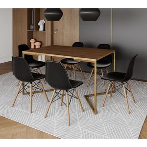Mesa Jantar Industrial Retangular 137X90Cm Amêndoa Base V Dourada Com 6 Cadeiras Eames Eiffel Madeir