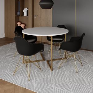 Mesa Jantar Industrial Branca 110Cm Redonda Base V Com 4 Poltronas Daw Pretas Base Dour Branco
