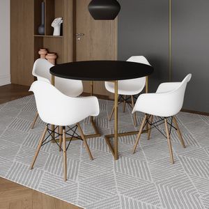 Mesa Jantar Industrial Redonda 110Cm Preta Base V Dourada Com 4 Poltronas Daw Madeira B Preto