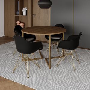 Mesa Jantar Industrial Amêndoa 110Cm Redonda Base V Com 4 Poltronas Daw Pretas Base Dou Marrom