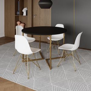 Mesa Jantar Industrial Redonda 110Cm Preta Base V Dourada Com 4 Cadeiras Eames Eiffel Brancas Base D