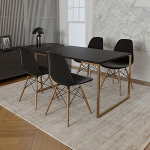 Mesa Jantar Industrial Retangular 137X90Cm Preta Base Dourada Com 4 Cadeiras Eames Eiffel Madeira Pr