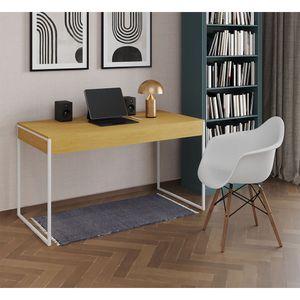 Escrivaninha Estilo Industrial Malta Canela 137X53Cm Ferro Branco Com 1 Poltrona Branca Marrom