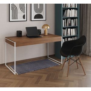 Escrivaninha Estilo Industrial Malta Amêndoa 137X53Cm Ferro Branco Com 1 Poltrona Preta Marrom