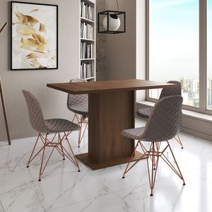 Mesa Jantar Londres Tampo Amêndoa 120Cm 4 Cadeiras Base Cobre Estofado Nude Médio