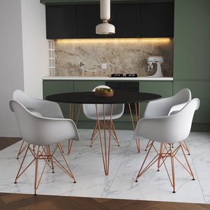 Mesa Jantar Redonda 110Cm Preta Clips 3 Pés Com 5 Poltronas Brancas Base Cobre Marrom