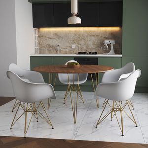 Mesa Jantar Redonda 110Cm Amêndoa Clips 3 Pés Com 5 Poltronas Brancas Base Dourada Marrom