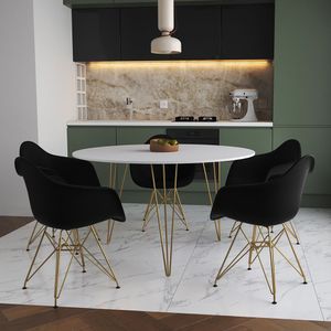 Mesa Jantar Redonda 110Cm Branca Clips 3 Pés Com 5 Poltronas Pretas Base Dourada Marrom