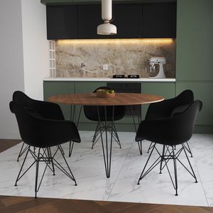 Mesa Jantar Redonda 110Cm Amêndoa Clips 3 Pés Com 5 Poltronas Pretas Ferro Preto Marrom