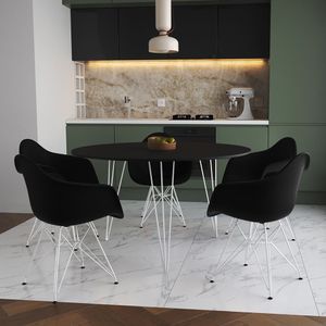 Mesa Jantar Redonda 110Cm Preta Clips 3 Pés Com 5 Poltronas Pretas Ferro Branco Marrom