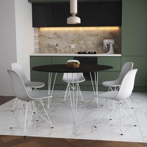 Mesa Jantar Redonda 110Cm Preta Clips 3 Pés Com 5 Cadeiras Eames Eiffel Brancas Ferro Branco