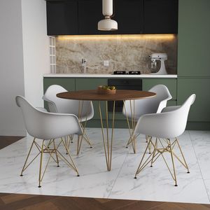 Mesa Jantar Redonda 110Cm Amêndoa Clips 3 Pés Com 4 Poltronas Brancas Base Dourada Marrom