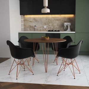 Mesa Jantar Redonda 110Cm Amêndoa Clips 3 Pés Com 4 Poltronas Pretas Base Cobre Marrom