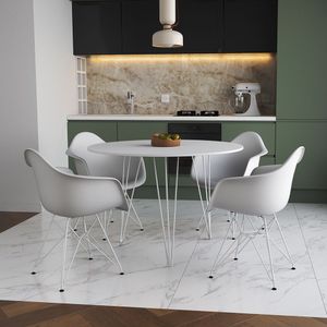Mesa Jantar Redonda 110Cm Branca Clips 3 Pés Com 4 Poltronas Brancas Ferro Branco Branco