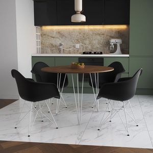Mesa Jantar Redonda 110Cm Amêndoa Clips 3 Pés Com 4 Poltronas Pretas Ferro Branco Marrom
