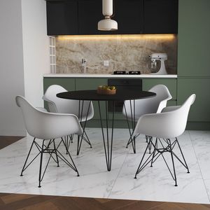 Mesa Jantar Redonda 110Cm Preta Clips 3 Pés Com 4 Poltronas Brancas Ferro Preto Preto