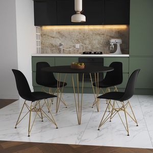 Mesa Jantar Redonda 110Cm Preta Clips 3 Pés Com 4 Cadeiras Eames Eiffel Pretas Base Dourada