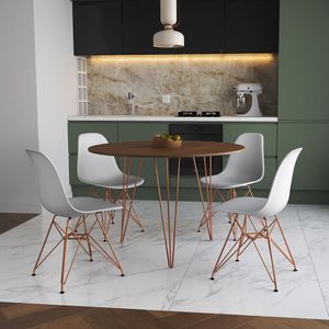 Mesa Jantar Redonda 110Cm Amêndoa Clips 3 Pés Com 4 Cadeiras Eames Eiffel Brancas Base Cobre