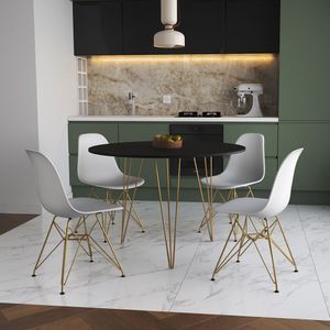 Mesa Jantar Redonda 110Cm Preta Clips 3 Pés Com 4 Cadeiras Eames Eiffel Brancas Base Dourada