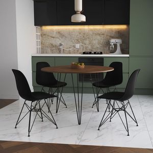 Mesa Jantar Redonda 110Cm Amêndoa Clips 3 Pés Com 4 Cadeiras Eames Eiffel Pretas Ferro Preto