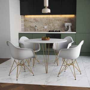 Mesa Jantar Redonda 90Cm Branca Clips 3 Pés Com 4 Poltronas Brancas Base Dourado Branco