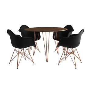 Mesa Jantar Redonda 90Cm Amêndoa Clips 3 Pés Com 4 Poltronas Pretas Base Cobre Marrom